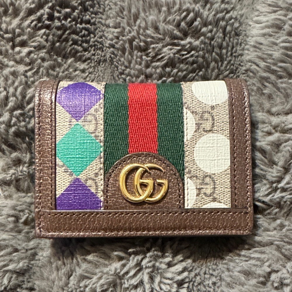 Gucci Multicolor GG Canvas Card Case with Green-Red Web Stripe